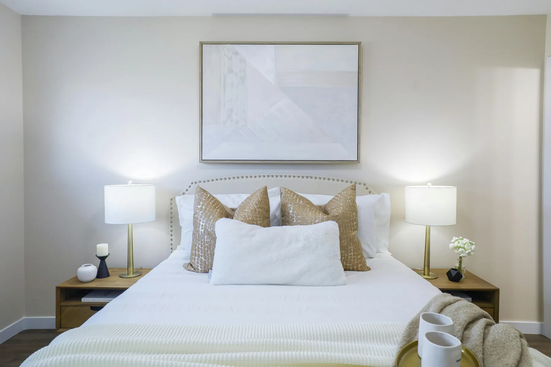 Illustrative tidy bedroom with neutral décor